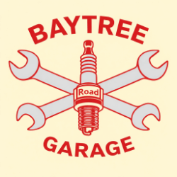 Logo badge of Baytree Road Garage - displaying crossed spanners and a spark plug